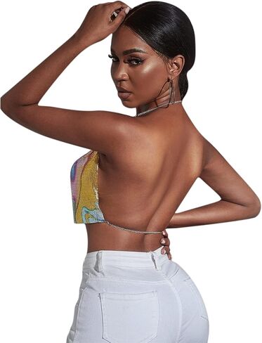 Women Sexy Shiny Rhinestone Tank Top Deep V Neck Halter Metal Body Chain Crop Top Shirt for Night Club Party Rave Outfit in Kuwait