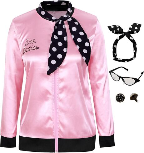 سترة Edinoy من الساتان الوردي من الخمسينيات من القرن العشرين مع أقراط وشاح ونظارات عين القطة أزياء الهالوين النسائية التنكرية in Kuwait