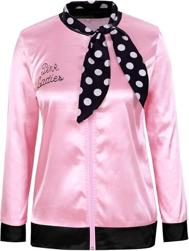 سترة Edinoy من الساتان الوردي من الخمسينيات من القرن العشرين مع أقراط وشاح ونظارات عين القطة أزياء الهالوين النسائية التنكرية in Kuwait