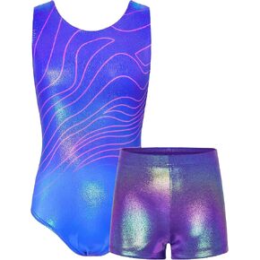 TENVDA Gymnastics Leotards for Girls 5-12 Years Old Sparkly Dance Tumbling Outfit Matching Shorts Set in Kuwait