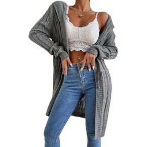 MakeMeChic Women's Casual Solid Open Front Lone Sleeve Cable Knit Drawstring Hooded Cardigan Sweater in Saudi Arabia