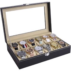 صندوق ساعة زجاجي مكون من 12 ساعة من الجلد من AUTOARK، منظم علبة عرض المجوهرات، أسود، AW-040 in Kuwait