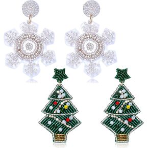 PHALIN Christmas Earrings for Women Beaded Christmas Tree Earrings Rhinestone Snowflake Reindeer Dangle Earrings Festive Holiday Earrings Costume Party Jewelry Gifts