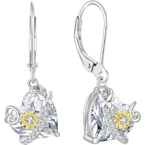 Oskani Sunflower Dangle Drop Leverback Earrings for Woman 925 Sterling Silver Cubic Zirconia Birthstone Jewelry Gifts for Valentines, Mothers Day