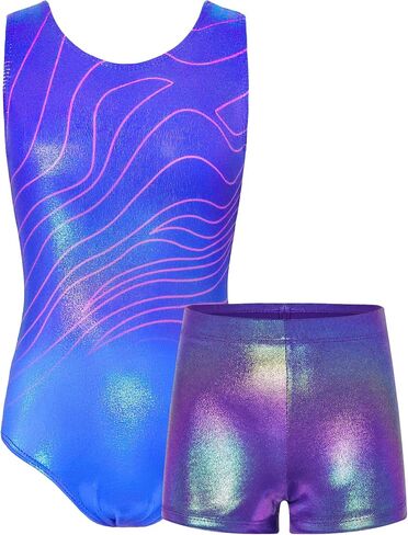 TENVDA Gymnastics Leotards for Girls 5-12 Years Old Sparkly Dance Tumbling Outfit Matching Shorts Set in Kuwait
