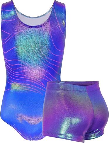 TENVDA Gymnastics Leotards for Girls 5-12 Years Old Sparkly Dance Tumbling Outfit Matching Shorts Set in Kuwait
