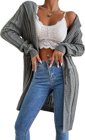 MakeMeChic Women's Casual Solid Open Front Lone Sleeve Cable Knit Drawstring Hooded Cardigan Sweater in Saudi Arabia