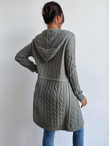 MakeMeChic Women's Casual Solid Open Front Lone Sleeve Cable Knit Drawstring Hooded Cardigan Sweater in Saudi Arabia