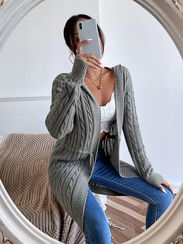 MakeMeChic Women's Casual Solid Open Front Lone Sleeve Cable Knit Drawstring Hooded Cardigan Sweater in Saudi Arabia