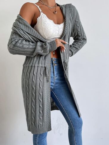 MakeMeChic Women's Casual Solid Open Front Lone Sleeve Cable Knit Drawstring Hooded Cardigan Sweater in Saudi Arabia