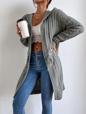 MakeMeChic Women's Casual Solid Open Front Lone Sleeve Cable Knit Drawstring Hooded Cardigan Sweater in Saudi Arabia