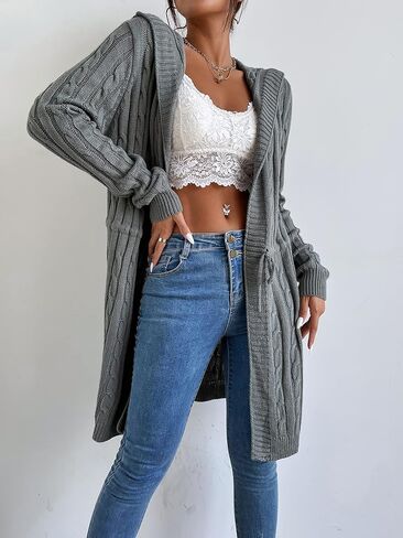 MakeMeChic Women's Casual Solid Open Front Lone Sleeve Cable Knit Drawstring Hooded Cardigan Sweater in Saudi Arabia