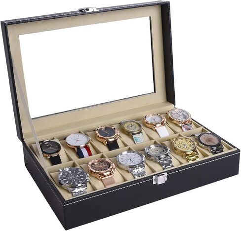 صندوق ساعة زجاجي مكون من 12 ساعة من الجلد من AUTOARK، منظم علبة عرض المجوهرات، أسود، AW-040 in Kuwait
