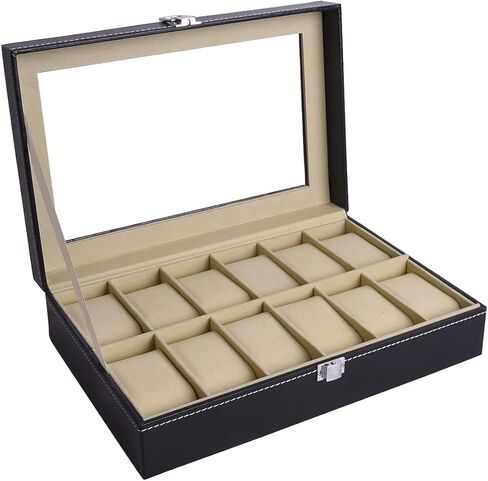 صندوق ساعة زجاجي مكون من 12 ساعة من الجلد من AUTOARK، منظم علبة عرض المجوهرات، أسود، AW-040 in Kuwait