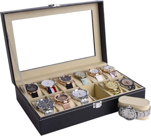 صندوق ساعة زجاجي مكون من 12 ساعة من الجلد من AUTOARK، منظم علبة عرض المجوهرات، أسود، AW-040 in Kuwait