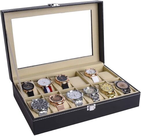 صندوق ساعة زجاجي مكون من 12 ساعة من الجلد من AUTOARK، منظم علبة عرض المجوهرات، أسود، AW-040 in Kuwait