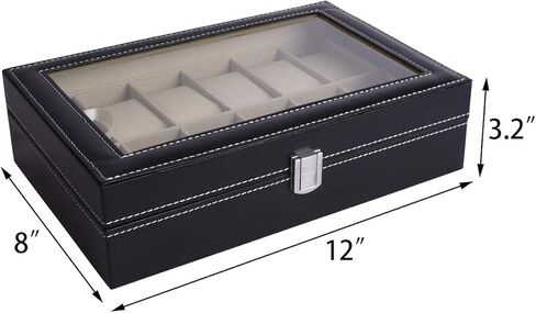 صندوق ساعة زجاجي مكون من 12 ساعة من الجلد من AUTOARK، منظم علبة عرض المجوهرات، أسود، AW-040 in Kuwait