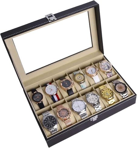 صندوق ساعة زجاجي مكون من 12 ساعة من الجلد من AUTOARK، منظم علبة عرض المجوهرات، أسود، AW-040 in Kuwait