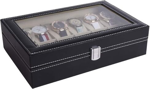 صندوق ساعة زجاجي مكون من 12 ساعة من الجلد من AUTOARK، منظم علبة عرض المجوهرات، أسود، AW-040 in Kuwait