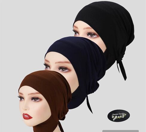 Solid Color 3- Pack Full Cover Inner Hijab Cap. Under Scarf Cap for Muslim Women. Coffee, Black and Blue Color Inner Hijab Cap… in Kuwait