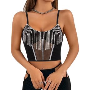 Mocure Women's Rhinestone Tassel Bustier Crop Top Sexy Sheer Mesh Spaghetti Strap Tank Top Rave Party Clubwear