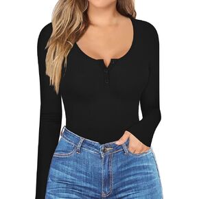 HERLOLLYCHIPS المرأة طويلة الأكمام بلايز مغرفة الرقبة هينلي زر أسفل مضلع جاهزة مثير عادية خريف شتاء تي شيرت تي شيرت in Kuwait