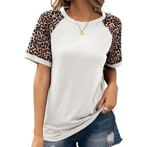 Decual Womens Leopard Print Tops Short Sleeves Roundneck Shirts Loose Fit Basic Casual Tops Tees