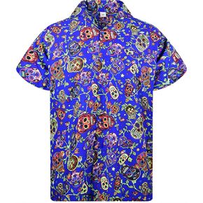 KING KAMEHA Hawaiian Shirt Men Funky Casual Button Down Shortsleeve Unisex Halloween Day of The Dead Party Skulls Print New