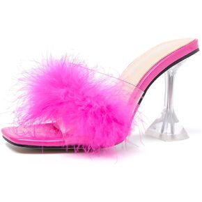 Enelauge Women's Square Toe Sandal Fluffy Feather Clear High Heels Sandals Mules Backless Slip On Slipper Dress Shoes
