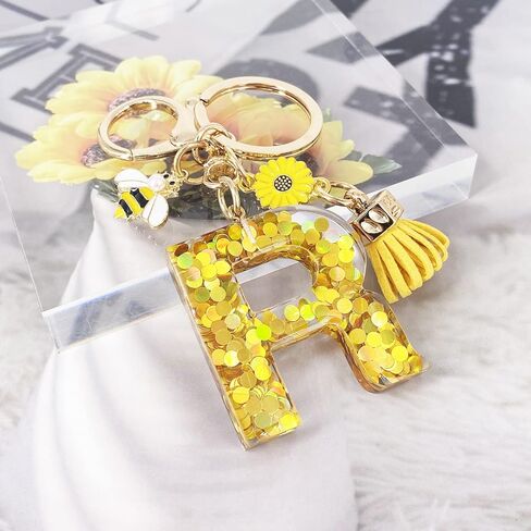 LAXPICOL Gold Letter A-Z Keychain for Women Purse Handbags Honey Bee Gold Sequins Resin Alphabet Initial Letter in Kuwait