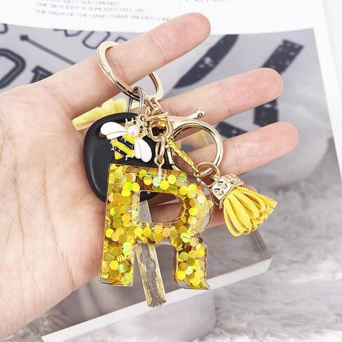 LAXPICOL Gold Letter A-Z Keychain for Women Purse Handbags Honey Bee Gold Sequins Resin Alphabet Initial Letter in Kuwait