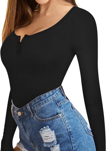 HERLOLLYCHIPS المرأة طويلة الأكمام بلايز مغرفة الرقبة هينلي زر أسفل مضلع جاهزة مثير عادية خريف شتاء تي شيرت تي شيرت in Kuwait