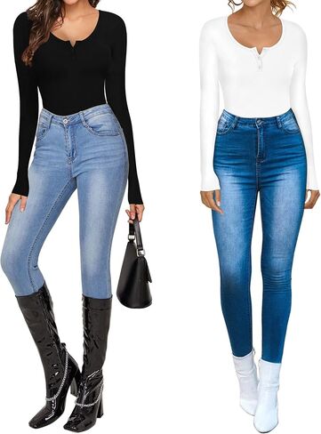 HERLOLLYCHIPS المرأة طويلة الأكمام بلايز مغرفة الرقبة هينلي زر أسفل مضلع جاهزة مثير عادية خريف شتاء تي شيرت تي شيرت in Kuwait