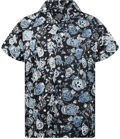 KING KAMEHA Hawaiian Shirt Men Funky Casual Button Down Shortsleeve Unisex Halloween Day of The Dead Party Skulls Print New in Kuwait