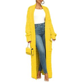 Stylish Cable Knit Dual Pocket Cardigan, Women's Extra Long Ankle Length Sweater, Open Front Casual Knitted Cardigans