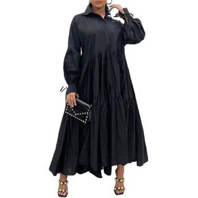 Mozgalz Women Solid Ruffle Maxi Shirt Dress Long Sleeve Button Down Dresses