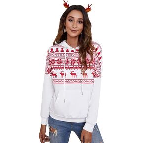 Escaco المرأة عيد الميلاد هوديس بلايز عادية شجرة عيد الميلاد الغزلان ندفة الثلج طباعة الرباط البلوز بلوزات مع جيب in Kuwait