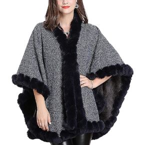 Women's Faux Rabbit Fur Cape Wrap Wool Coat Cardigan Poncho Warm