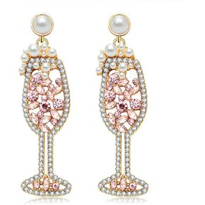 Champagne Wine Glass Earrings-Handmade Champagne Flute Earrings -Charm Rhinestone Crystal Pearl beaded Drop Dangle Earrings- Cute Pretty Earrings For Woman in Kuwait