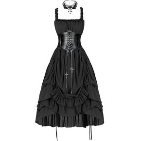 Women's Steampunk Victoria Cosplay Dress Solid Color Suspender Long Dress