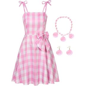 QUJQOM Adult 2023 Movie Heroine Costume Women Halloween Costume Pink Plaid Dress Heroine Cosplay Outfits with Accessories in Kuwait