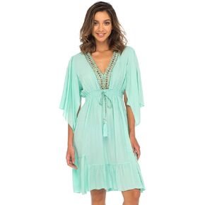 Back From Bali Womens Short Sundress Flowy Boho Beach Dress with Beaded Deep V Neck, Casual Sexy Summer Party Dress
