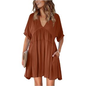 HUUSA Women Long Sleeve Casual Summer Ruffle Backless Floral Flowy Swing Mini Dress