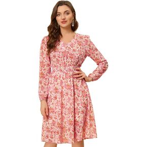 Allegra K Women's Valentine's Day Floral Print V-Neck Dress Smocked Waist Midi Dress in Kuwait