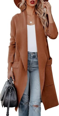 Women's Open Front Knited Loose Cardigan Casual Long Sleeve Draped Knit Pockets Long Jackets Sweater in Kuwait
