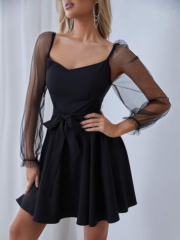 فستان نسائي من WDIRARA برقبة على شكل حرف V وأكمام طويلة وحزام بحاشية مكشكشة in Kuwait