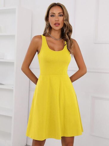 Missufe Women's Sleeveless Racerback Flared Casual Plain Tank Dress in Kuwait