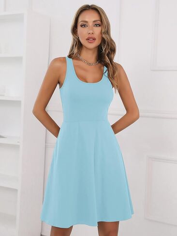 Missufe Women's Sleeveless Racerback Flared Casual Plain Tank Dress in Kuwait