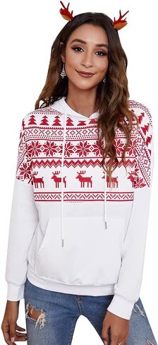 Escaco المرأة عيد الميلاد هوديس بلايز عادية شجرة عيد الميلاد الغزلان ندفة الثلج طباعة الرباط البلوز بلوزات مع جيب in Kuwait