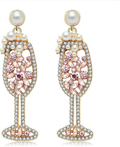 Champagne Wine Glass Earrings-Handmade Champagne Flute Earrings -Charm Rhinestone Crystal Pearl beaded Drop Dangle Earrings- Cute Pretty Earrings For Woman in Kuwait